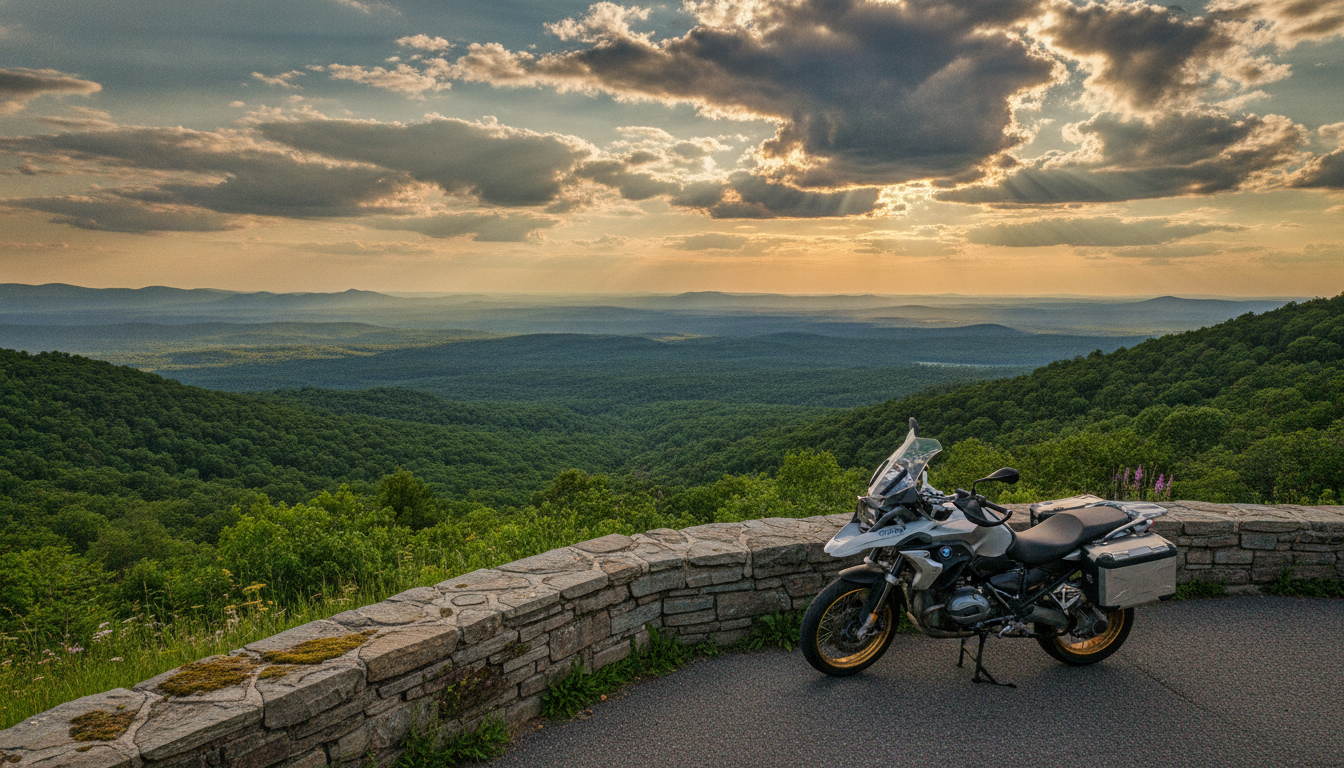 Skyline Drive overlook of Shenandoah Valley with motorcycle