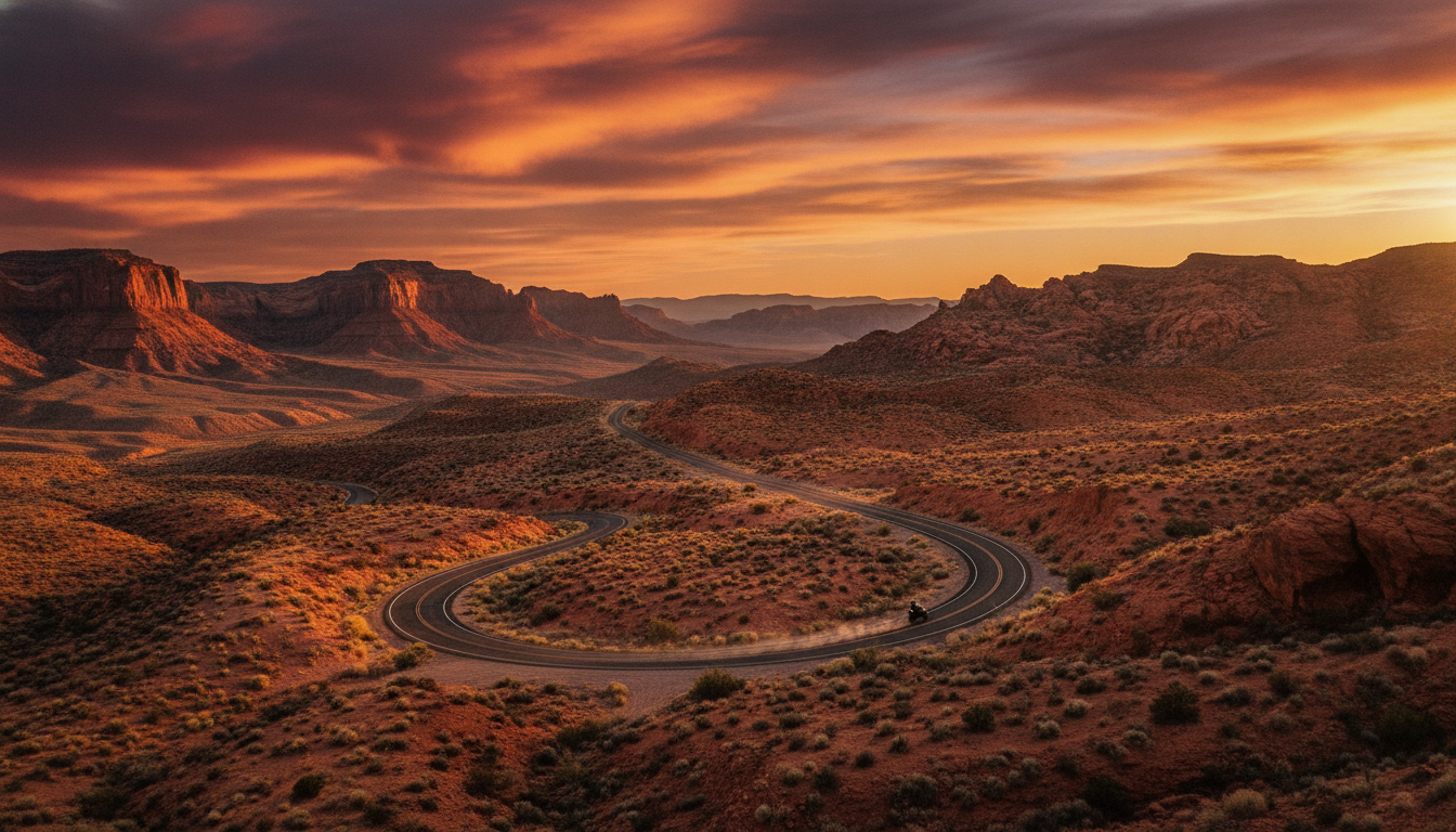 Empty winding mountain road at golden hour
