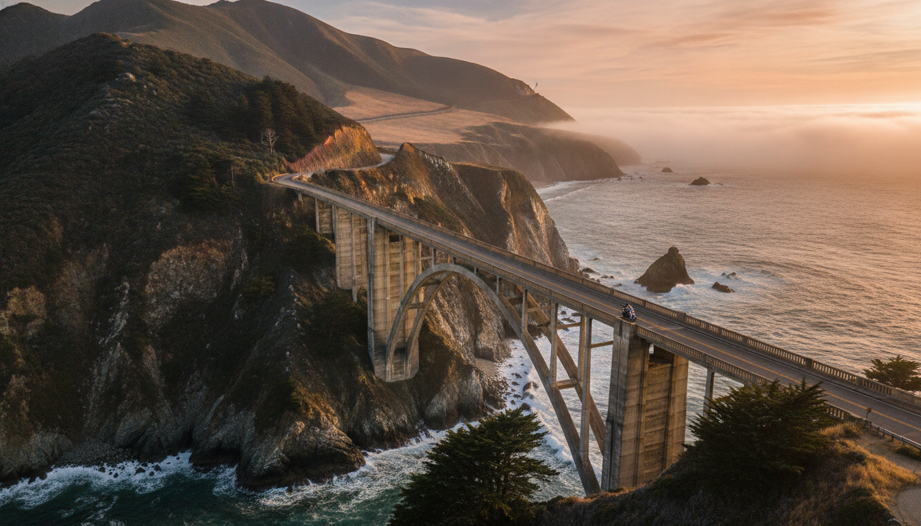 Pacific Coast Highway Bixby Bridge with motorcycle over coastal cliffs