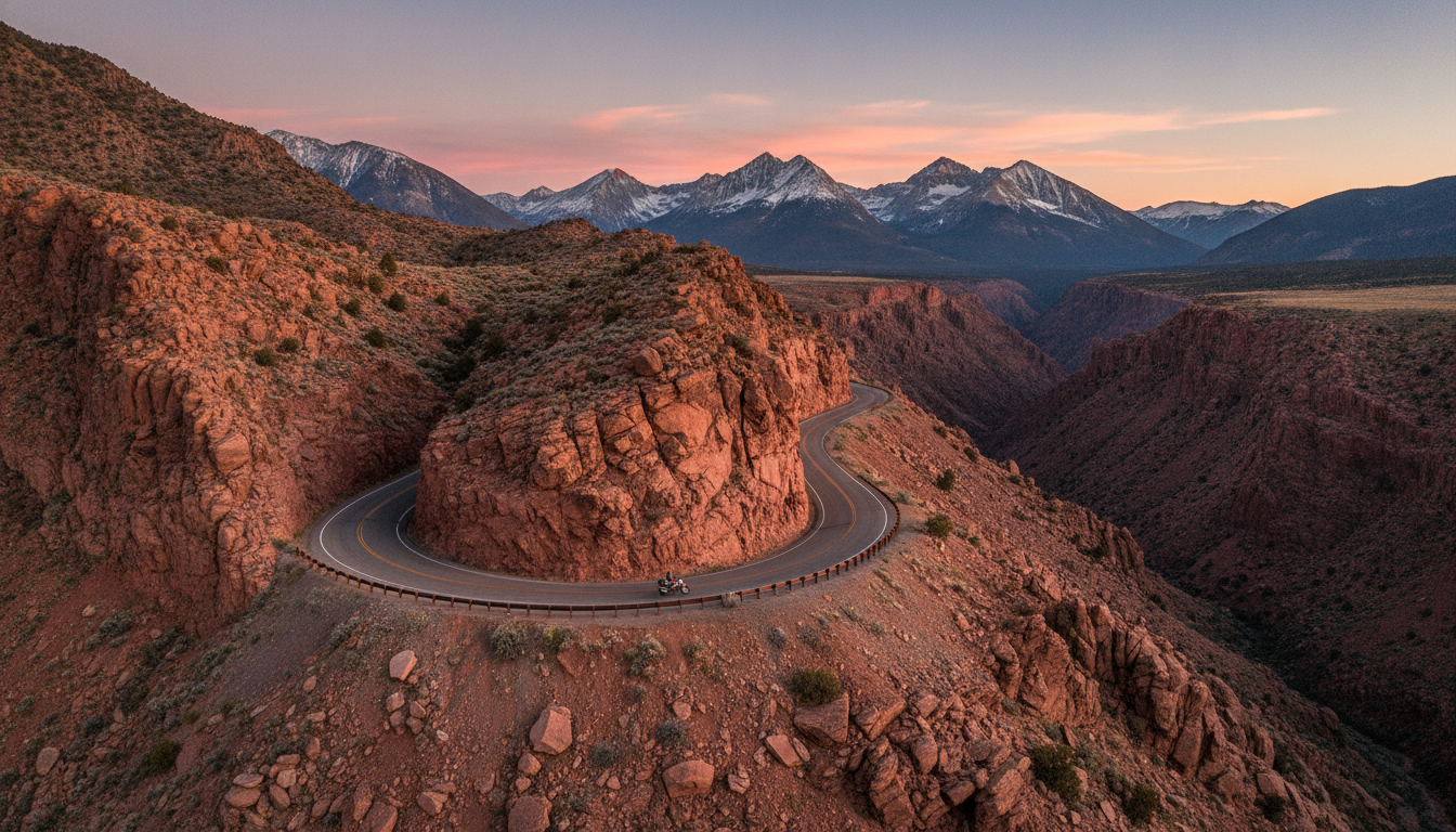 Million Dollar Highway switchback in Colorado mountains with no guardrails