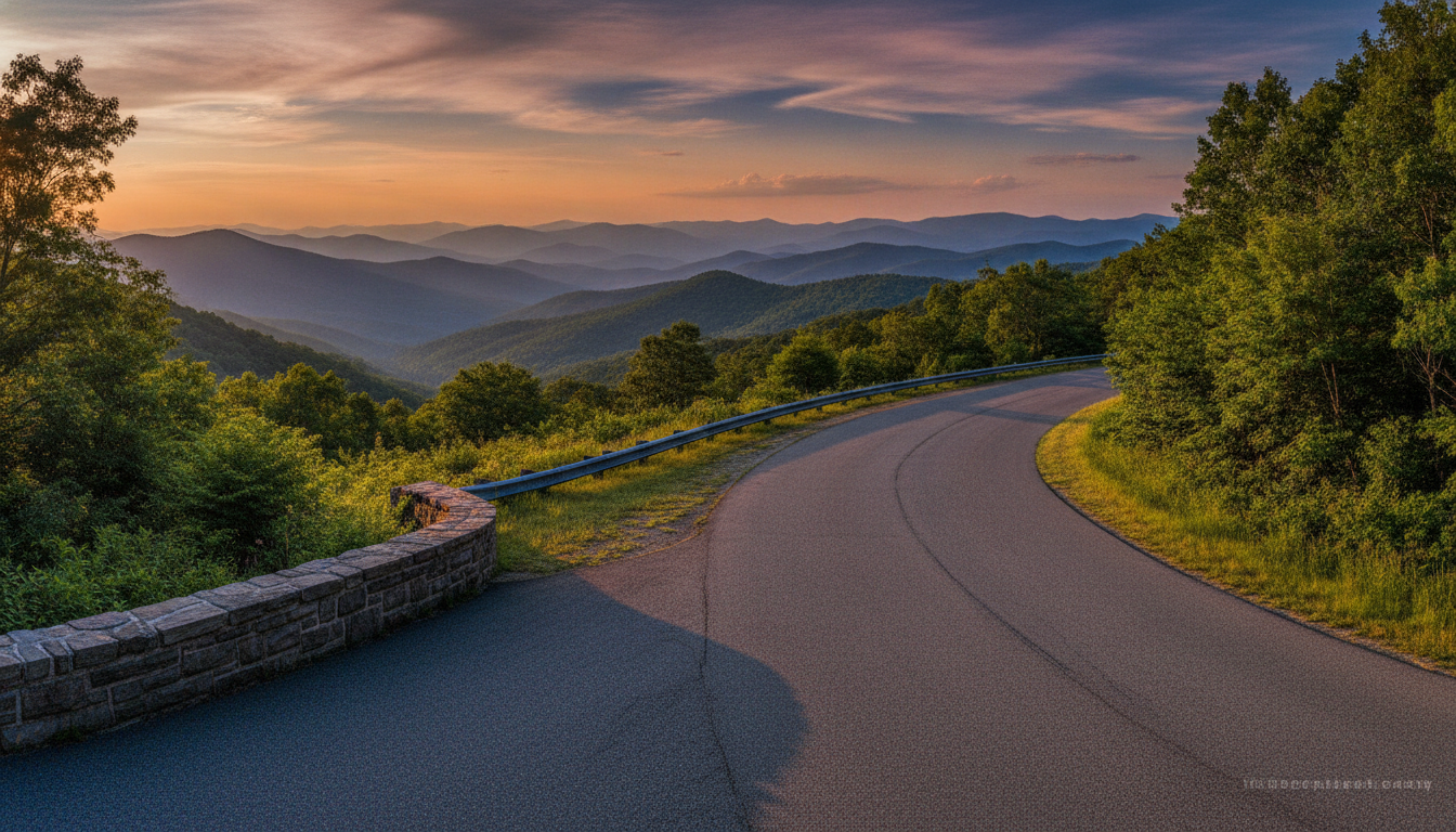 Blue Ridge Parkway sweeping curve through Appalachian mountain ridges